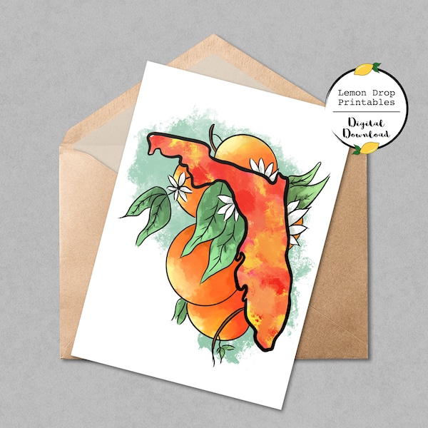 PRINTABLE Florida Map Card, Florida Oranges Card, Florida Gift, Florida Art, Illustrated Florida Greeting Card, Florida Stationery