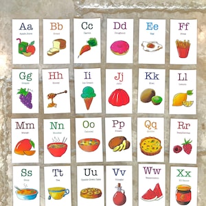 Tarjetas didácticas de alimentos ABC imprimibles, decoración de baby shower, regalo de baby shower, decoración de guardería, descarga digital, tarjeta didáctica para niños pequeños, alfabeto ilustrado