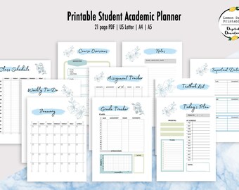 May include: A printable student academic planner with pages for class schedules, weekly tasks, and grade tracking. The design features a light blue and green colour scheme with floral illustrations. Available in US Letter, A4, and A5 sizes. The text reads 'Printable Student Academic Planner'.
