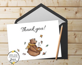 Tarjeta de agradecimiento de otoño imprimible, tarjeta de oso, pastel de calabaza de Acción de Gracias, agradecimiento de calabaza, agradecimiento de otoño, tarjeta de hojas de otoño, descarga PDF 5x7