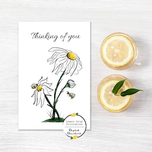 Tarjeta Daisy imprimible pensando en ti, tarjeta Bumblebee, tarjeta floral, descarga PDF 4x6