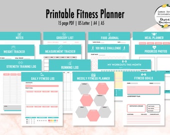 Printable Fitness Planner, 15 Pages, Health and Fitness Tracker, Workout and Wellness Log, Meal Planner, PDF DOWNLOAD, US Letter | A4 | A5