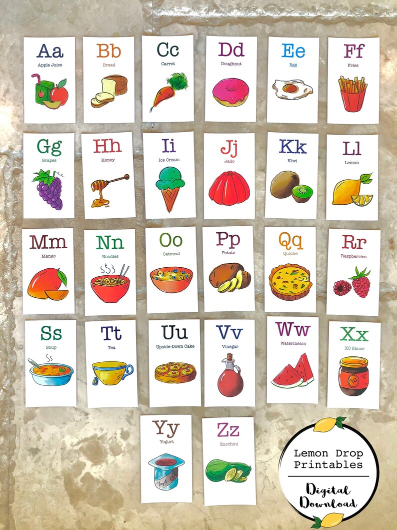 printable abc flashcards food alphabet flashcards learning etsy