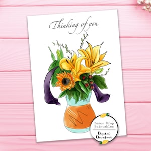 Tarjeta de pensamiento imprimible en usted, tarjeta de simpatía, tarjeta de amistad, jarrón de flores, tarjeta de acuarela, tarjeta de descarga digital, descarga PDF 5x7