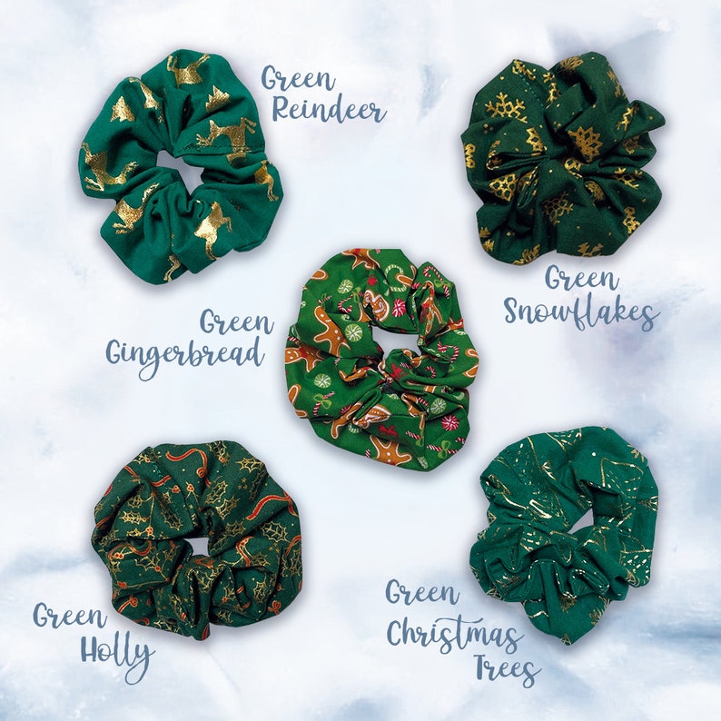 May include: Six green scrunchies with different Christmas-themed patterns. The patterns include reindeer, snowflakes, gingerbread, holly, and Christmas trees. Each scrunchie has gold accents.