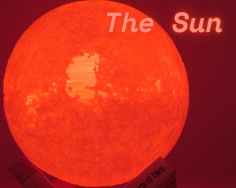 Sun Lamp - Planet Lamps | Vera&#39;s Arts & Dice - 3D Printed, 16 Color LED, Rechargeable, Remote, Wooden Stand | Real NASA Data
