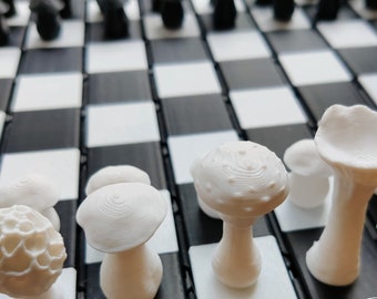 Enchanted Mushroom Forest Chess ánd Checkers Set in Black and White | Vera's Arts & Dice | Roll-Up Log Forest Chess Set
