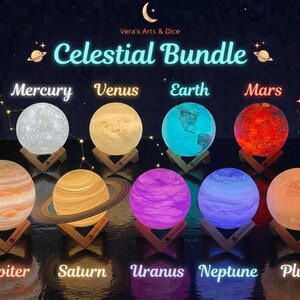 May include: A Celestial Bundle set of nine spherical planet lamps on wooden stands. The lamps represent Mercury, Venus, Earth, Mars, Jupiter, Saturn with rings, Uranus, Neptune, and Pluto, each glowing with distinct colors and surface textures.