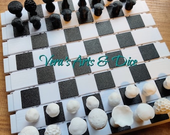 Enchanted Mushroom Forest Chess ánd Checkers Set in White and Black | Vera's Arts & Dice | Roll-Up Log Forest Chess Set