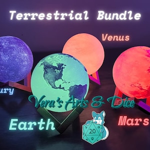 May include: The image showcases a 'Terrestrial Bundle' featuring illuminated planet models: Mercury, Earth, Venus, and Mars. Each planet is on a stand. The Earth model displays continents. The image includes the text 'Vera's Arts & Dice'.