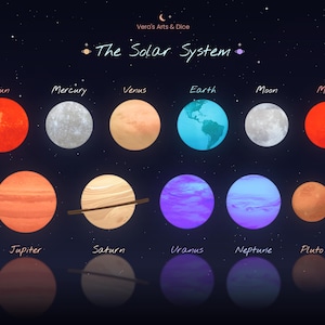 May include: A digital illustration titled The Solar System by Vera's Arts & Dice, featuring the Sun, Mercury, Venus, Earth, Moon, Mars, Jupiter, Saturn with rings, Uranus, Neptune, and Pluto arranged in two rows against a dark starry background.