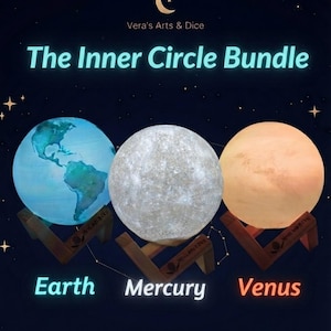 May include: Three spherical lamps on wooden stands labeled The Inner Circle Bundle. The left lamp shows Earth in blue and green, the center lamp shows the textured gray surface of Mercury, and the right lamp shows the warm orange surface of Venus.