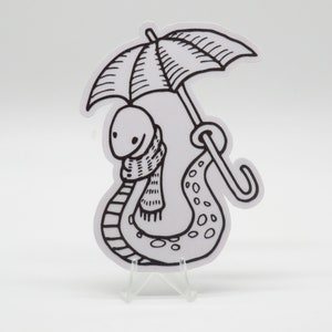 Könnte beinhalten: Eine Schwarzweiß-Zeichnung eines Wurms, der einen Schal trägt und einen Regenschirm hält.