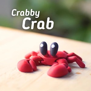 Könnte beinhalten: Handgefertigte rote Krabbenfigur mit großen schwarzen Augen und weißen Highlights. Die Krabbe hat große Scheren und sitzt auf einer Holzoberfläche. Der Text "Crabby Crab" steht in Weiß über der Krabbe.