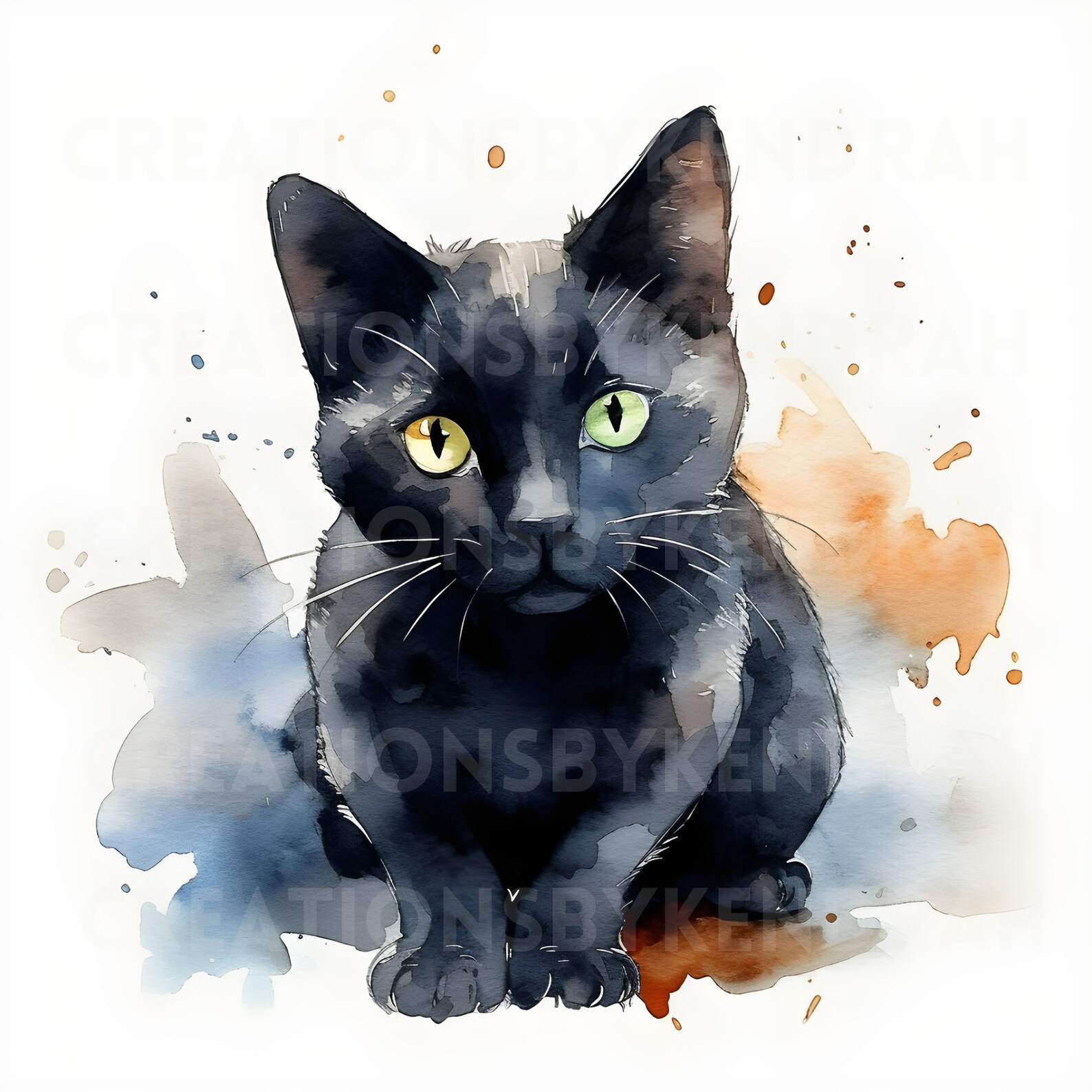 Watercolor Black Cat Clip Art Instant Download Black Cat Transparent ...