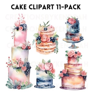 Watercolor Cake Clipart Birthday Floral Wedding Cake Clip Art Pack Instant Download PNG, SVG
