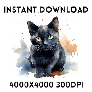 Aquarelle chat noir Clip Art Téléchargement instantané chat noir Transparent PNG, SVG