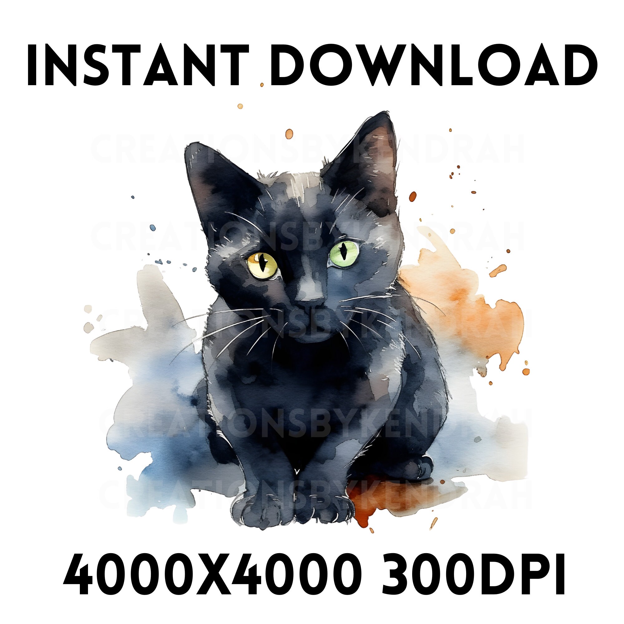 Watercolor Black Cat Clip Art Instant Download Black Cat Transparent ...