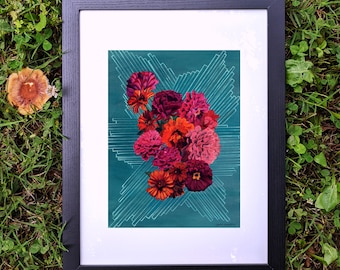 Zinnias 8x10 | Zinnia Painting Art Print | Art Print Zinnia | Flora Art Décor | Illustrated Flora | Interesting Art