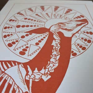 May include: A red and white print of a stylized animal skeleton with a circular design of triangles and dots around the head.