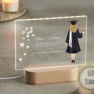 Cadeaux de remise des diplômes pour elle avec support lumineux | Cadeaux de fin d'études 2025 | Prix acrylique de remise des diplômes élégant | Cadeau personnalisé pour femme