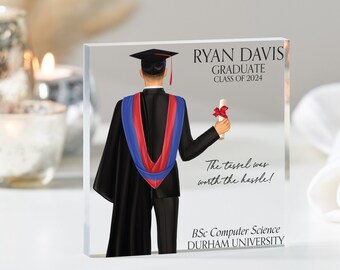 May include: A personalized acrylic block with a graduation illustration of a person in a cap and gown holding a diploma. The text reads "Ryan Davis Graduate Class of 2024 The tassel was worth the hassle! BSc Computer Science DURHAM UNIVERSITY"