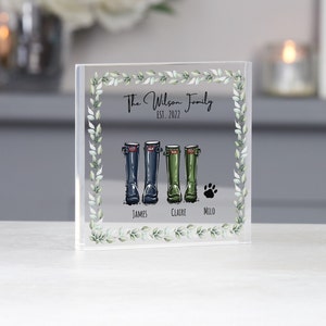 Regalo personalizzato per la nuova casa, il nostro primo regalo per la casa insieme, stampa Wellington personalizzata per la famiglia, stampa Wellington in acrilico con blocco per la famiglia, famiglia Leaf