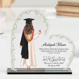 Marco de corazón islámico floral, regalo de graduación para ella / Regalo de graduación musulmán / Premio de graduación personalizado / Recuerdo personalizado para mujer