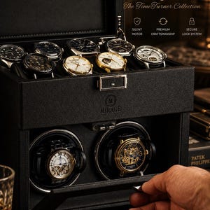 May include: A black leather watch winder box labelled The Mirage Watch Winder Ebony Black Automatic. The top section holds eight watches, while the bottom section features two rotating watch winders. Text includes Silent Motor, Premium Craftsmanship, Secure Lock System, and A Lifetime Home For Your Collection.
