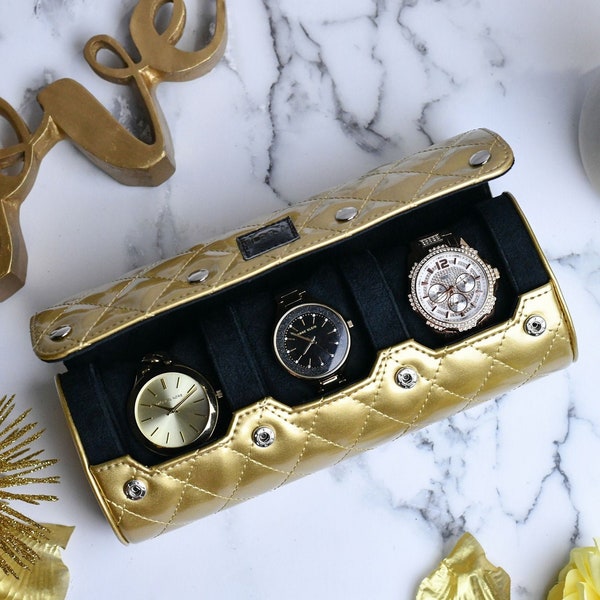 Women Watch Box - Watch Roll Travel Case - 3 Watch Case Display and Storage (Personalized)- Royal Gold - Glossy Finish & Diamond Stitching