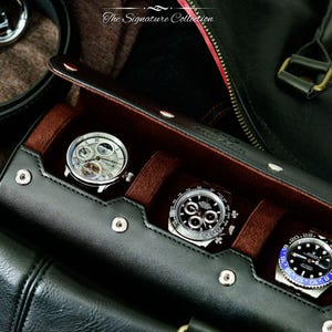 Vegan Leather 3 Watch Roll Travel Case - Jade Black