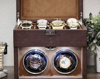 Luxus Kaffee Braun Uhrenbeweger Box Automatische Drehung LED-Beleuchtung