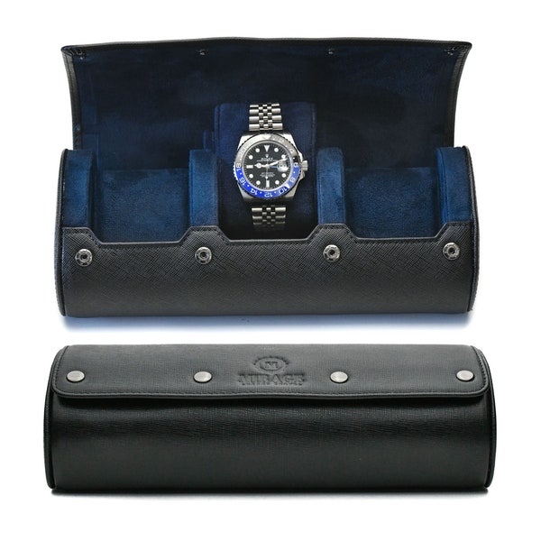 Leather Watch Roll Case - 3 WatchTravel Case (Personalized) - Sable Black Saffiano Real Leather - The Mirage Watch Rolls