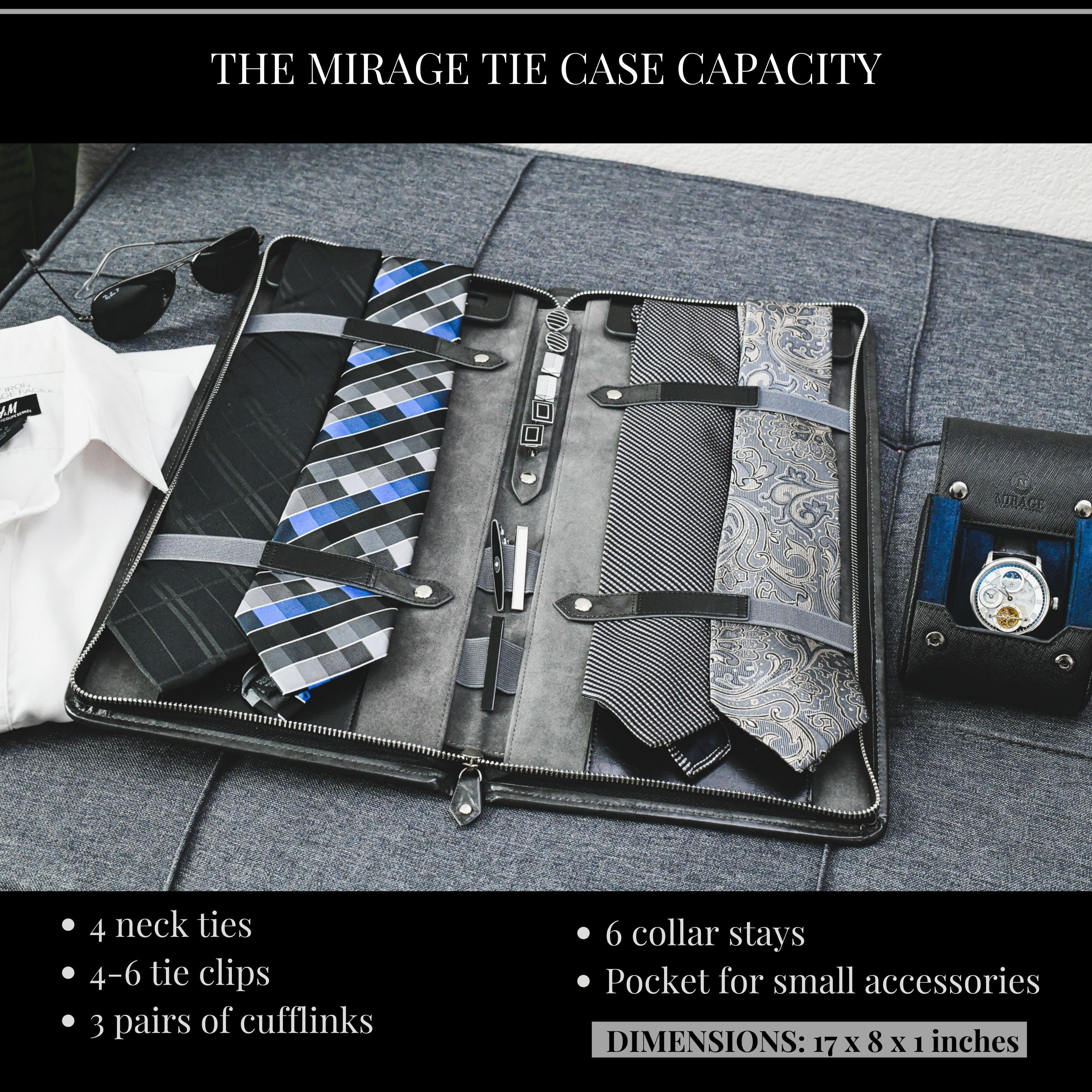 Tie Travel Case Organizer with Storage Pocket for Cufflinks, Collar Stays slots, Lapels, and other - Vegan Leather Slate Black Swiss Mortif