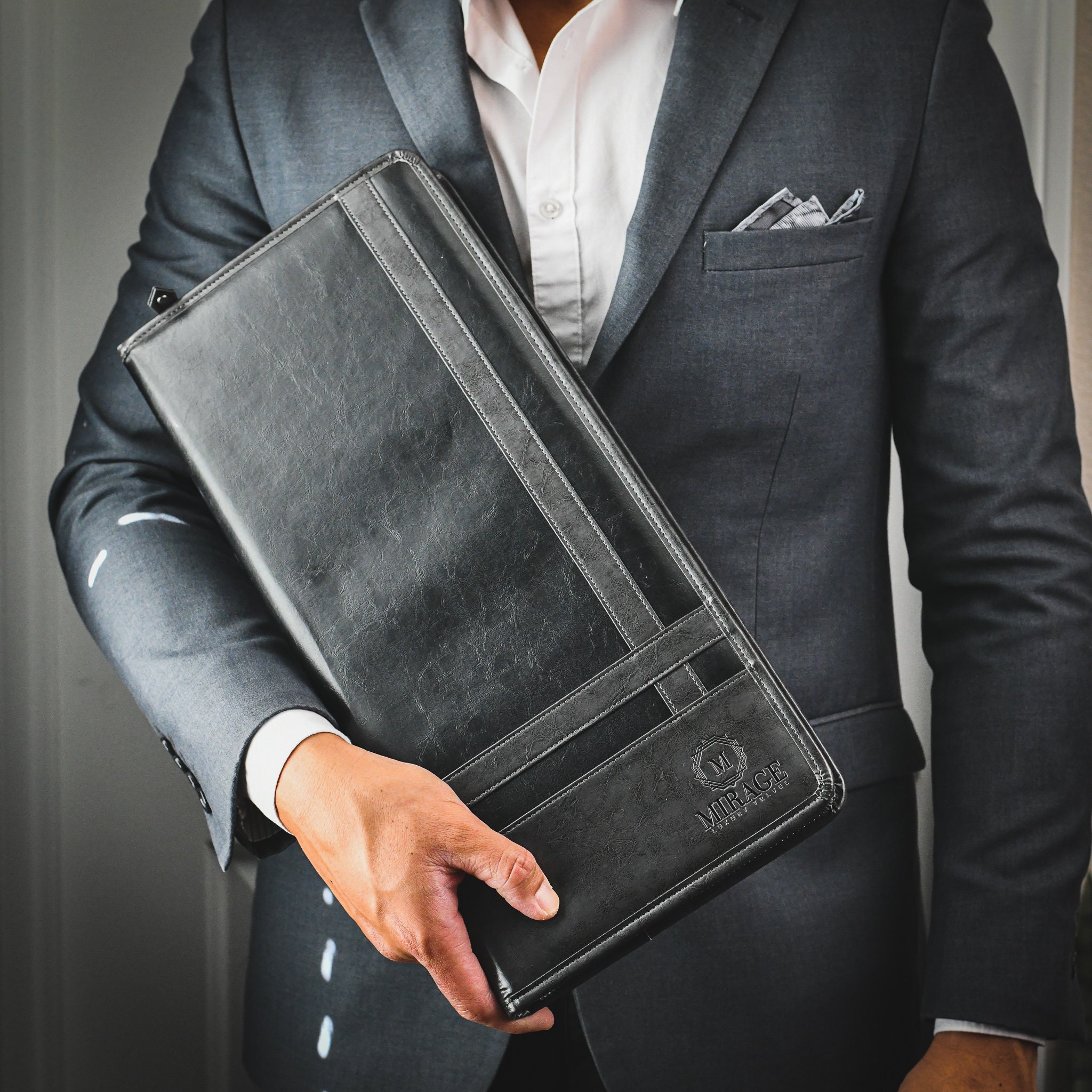 Tie Travel Case Organizer with Storage Pocket for Cufflinks, Collar Stays slots, Lapels, and other - Vegan Leather Slate Black Swiss Mortif