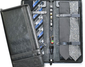 Tie Travel Case holder Organizer with Cufflinks, Collar Stays slots, bonus Pocket for Formal Dress Small Accessories - Slate Black