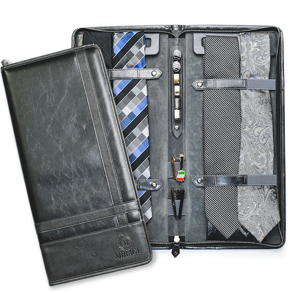 Tie Travel Case holder Organizer with Cufflinks, Collar Stays slots, bonus Pocket for Formal Dress Small Accessories - Slate Black
