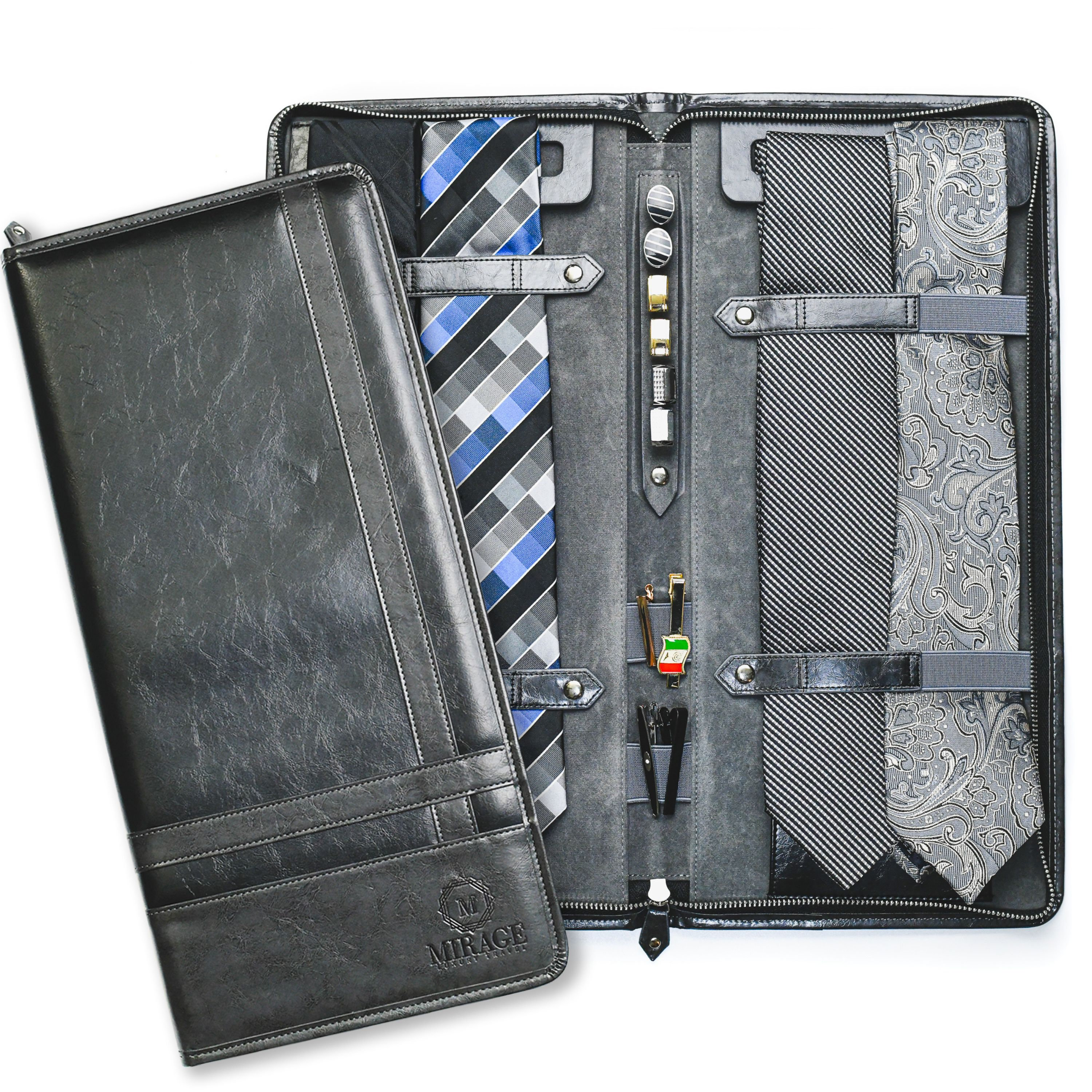 Tie Travel Case Organizer with Storage Pocket for Cufflinks, Collar Stays slots, Lapels, and other - Vegan Leather Slate Black Swiss Mortif