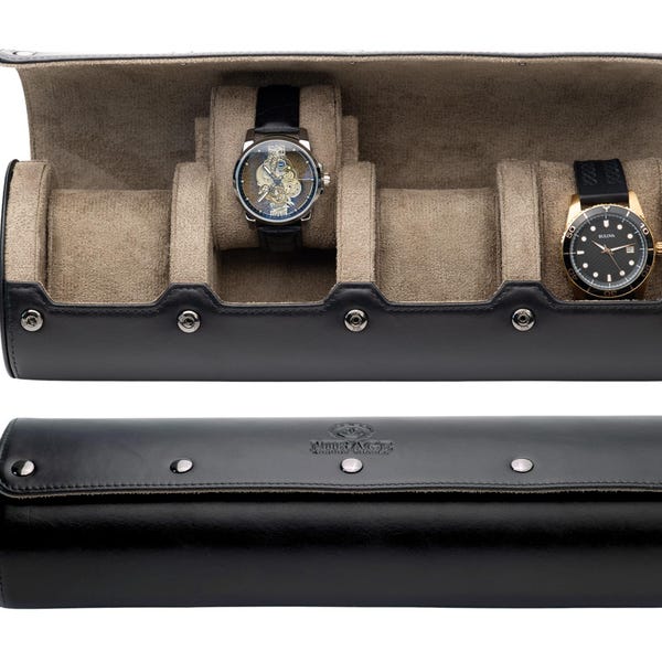 Skórzane etui podróżne na 4 zegarki: zwijane, wykonane z pełnoziarnistej skóry bydlęcej
