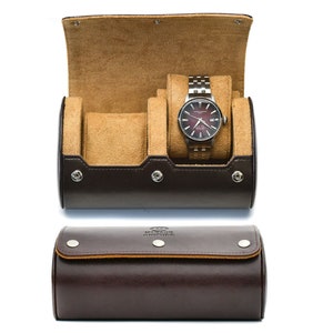 Watch Roll Travel Case Organizer - 2 Watch Case for Men Storage and Display (Personalized) - Espresso Brown - Swiss Motif Design