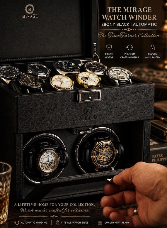 Watch Winder Box for Automatic Watches Best Watch Winder Box for Men Watch Winding Machine Mirage Black Luxury Watch Winder Case Gift Men