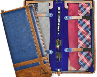 Tie Case for Travel Organizer with Cufflinks, Collar Stays holder, bonus Pocket for Formal Dress Small Accessories - ROYAL BLUE