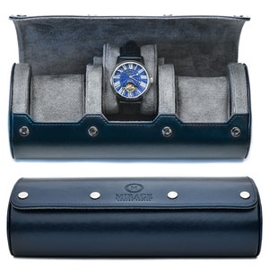 Watch Travel Case Travel Watch Box Travel Watch Roll Case Travel Watch Holder 3 Watch Case for Men Vegan Leather Watch Roll Blue Leather