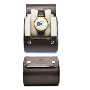 Watch Roll Travel Case for Men and Women 1 Watch Organizer and Display Vegan Leather Personalized Espresso Brown Ivory Interior