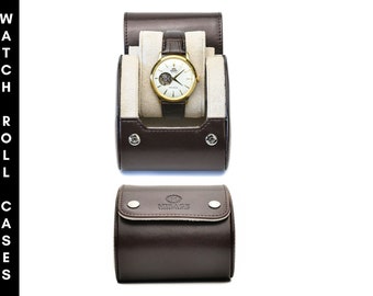 Horlogerol reiskoffer voor mannen en vrouwen, 1 horloge-organizer en -display, veganistisch leer, gepersonaliseerd, espressobruin, ivoorkleurig interieur
