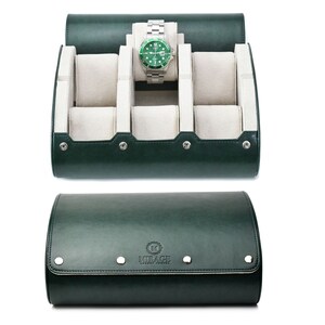 Watch Roll reisetui veganistisch leer 6 horlogekasten voor heren Gepersonaliseerd koninklijk groen wit interieur