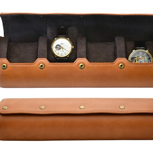 Étui de voyage pour montres, boîtier de montre à 4 emplacements, boîtier de montre en cuir pleine fleur pour homme, étui de montre de voyage marron fauve Mirage, cadeau pour homme