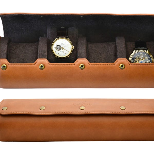 Etui podróżne na zegarek, 4 przegródki, etui na zegarek, etui na zegarek z pełnoziarnistej skóry dla mężczyzn, etui podróżne Mirage Tawny Brown, prezent dla mężczyzn