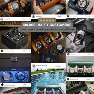 Puede incluir: Colecci&oacute;n de relojes de lujo exhibidos en varios estuches y un estuche de viaje. La imagen muestra una variedad de dise&ntilde;os de relojes con correas de metal y cuero. El texto dice: "100,000+ HAPPY CUSTOMERS! Loved and trusted by collectors worldwide."
