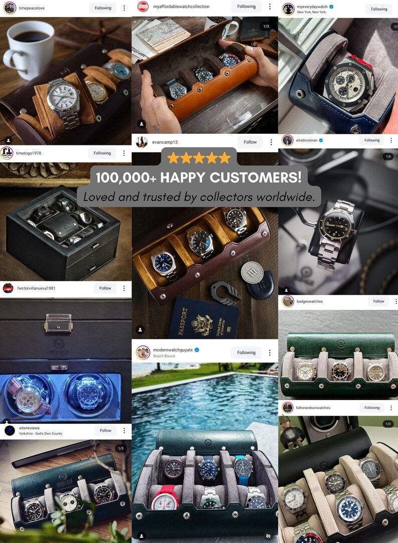 Puede incluir: Colecci&oacute;n de relojes de lujo exhibidos en varios estuches y un estuche de viaje. La imagen muestra una variedad de dise&ntilde;os de relojes con correas de metal y cuero. El texto dice: "100,000+ HAPPY CUSTOMERS! Loved and trusted by collectors worldwide."